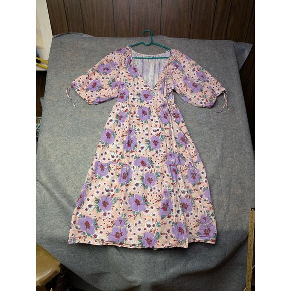 ASOS Design Size 10 Pink Purple Floral Puff Sleeve Midi Wrap Dress 100% Cotton - Picture 2 of 8